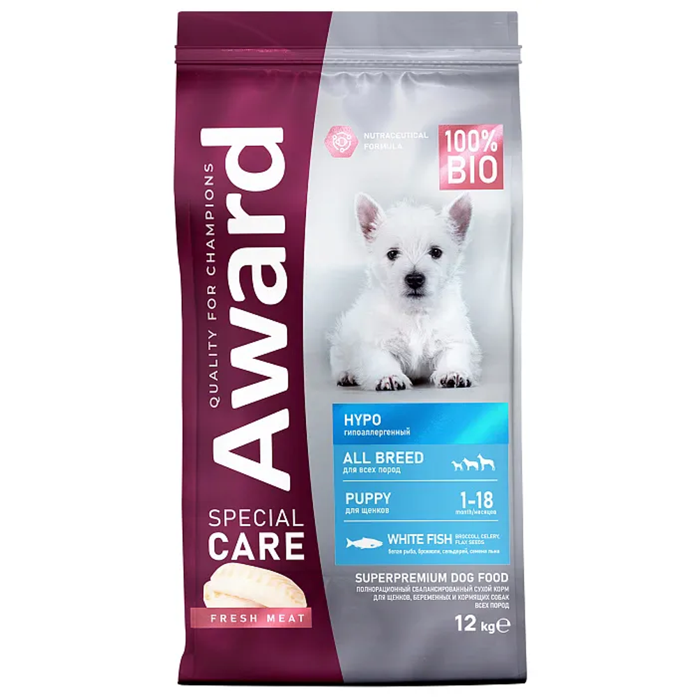 Сухой корм AWARD SPECIAL CARE HYPO PUPPY со свежей белой рыбой для щенков от 1 мес., беременных и кормящих собак всех пород, склонных к аллергии 12кг