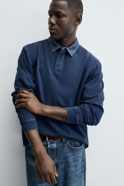 ZARA ТОЛСТОВКА-ПОЛО С КОНТРАСТНЫМ ВОРОТНИКОМ, СИНИЙ/ИНДИГО