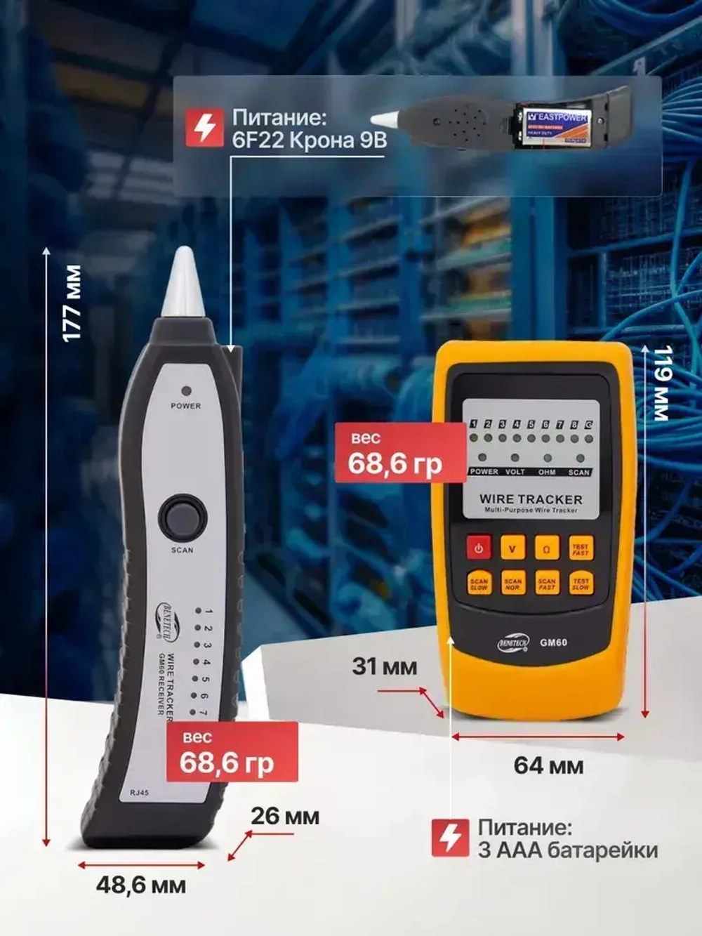 Кабельный тестер электрический для обнаружения скрытой проводки Benetech GM60 для прозвонки