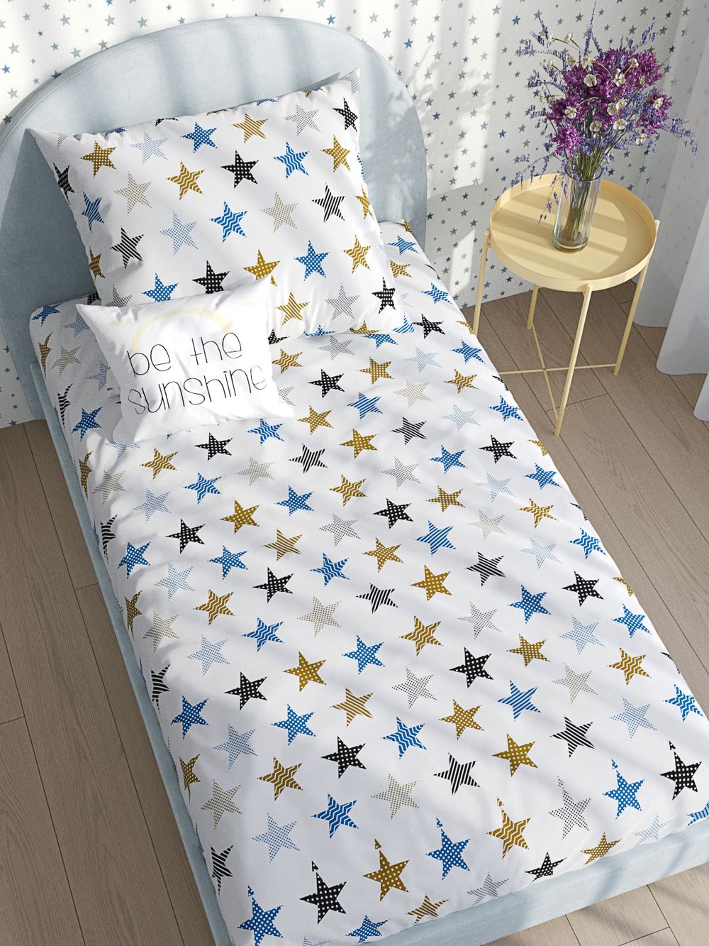 Постельное белье бязь Сказка "Звезды (печворк)" 1,5-сп пододеяльник 145х205 наволочка 50х70 1шт Простынь на резинке 90х200 см