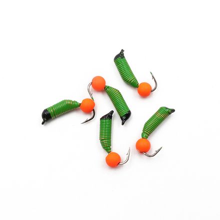 Мормышка вольф. безнасадочная "ЯМАН" Ручейник №5, d-2 мм, L-9.5 мм, вес 0,68 гр., фц. красный шар, цв. салатовый