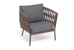 "Диего" кресло плетеное из роупа, каркас алюминий коричневый (RAL8016) муар, роуп коричневый круглый, ткань темно-серая 027