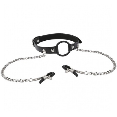 Кляп с зажимами для сосков (Цвет: черный)