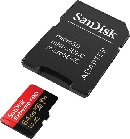 Карта памяти SanDisk Extreme Pro microSDXC 64GB UHS-I U3 V30 A2, R/W 200/90 МБ/с с адаптером