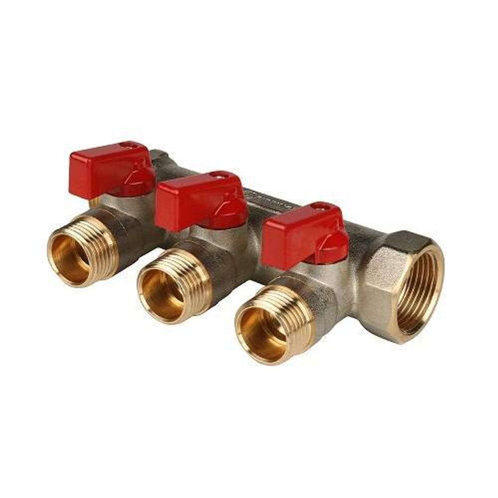 Коллектор запорный проходной STOUT - 3/4&quot; (НР/ВР) на 3 контура 1/2&quot; (НР, ручки красные)