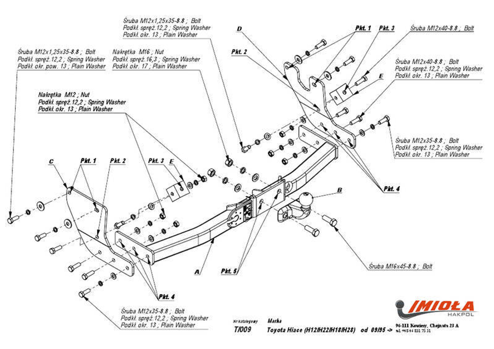 Фаркоп IMIOLA T.009 Toyota Hiace H100 1995-2004, Toyota Regius Ace 1995-2004(паспорт и сертификат в комплекте)(без электрики)