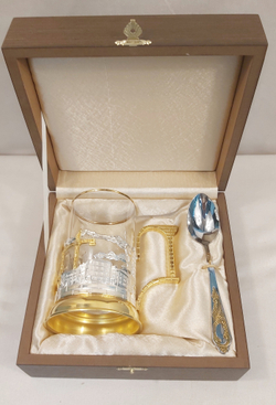 Подстаканник "Подарок строителю" с золочением и серебрением в футляре (венге)