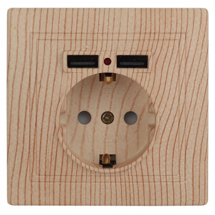 Розетка Intro Plano 1-410-11 с заземлением 2P+E Schuko со шторками 16А-250В + 2хUSB 5В-2 1А IP20 СУ сосна