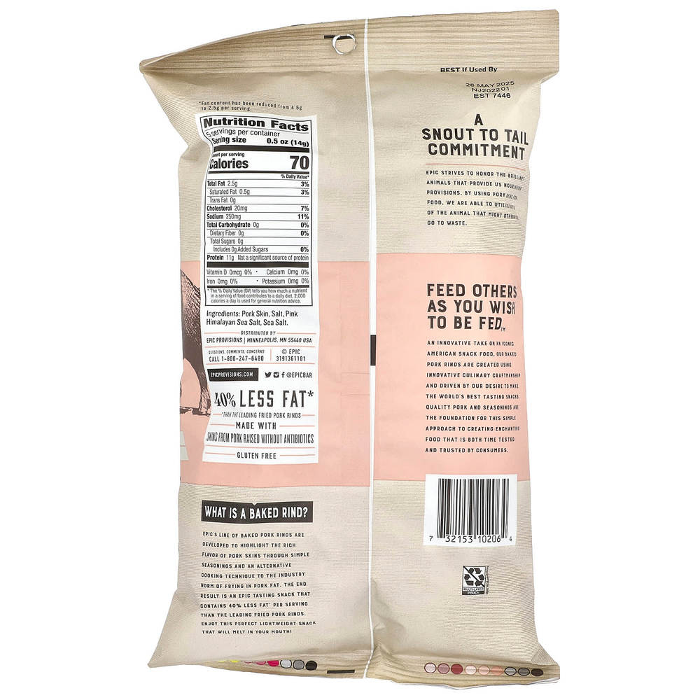 Epic Bar, запеченные в духовке свиные шкурки, розовая гималайская и морская соль, 70 г (2,5 унции)