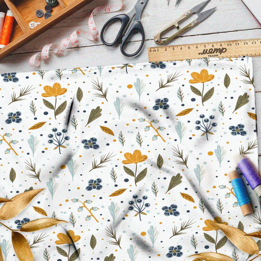 Ткань шифон болотные листья и цветы на белом фоне