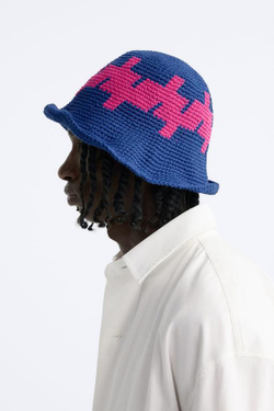 ZARA КОМБИНИРОВАННАЯ ШЛЯПА ИЗ КРУЖЕВА КРОШЕ, СИНИЙ