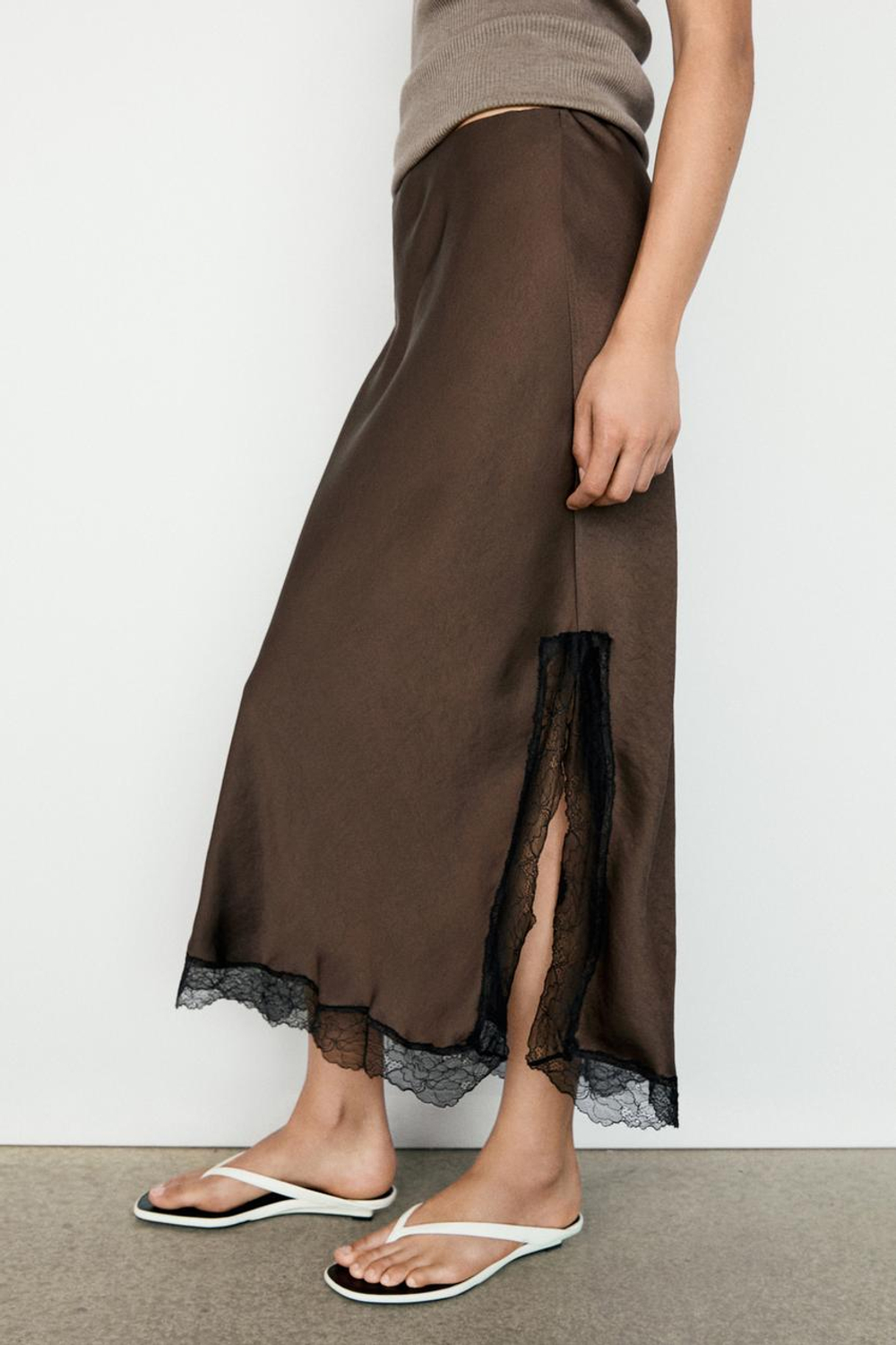 Massimo Dutti Юбка миди с кружевной отделкой, коричневый