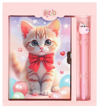 Блокнот 13,5*18 см 50л. с замком "Котик с бантиком" с ручкой (Darvish)