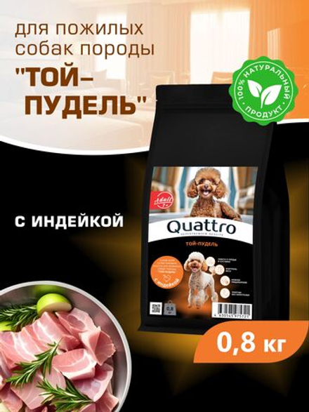 Корм сухой для пожилых собак породы Той-пудель старше 7 лет, с индейкой, 800 гр, QUATTRO