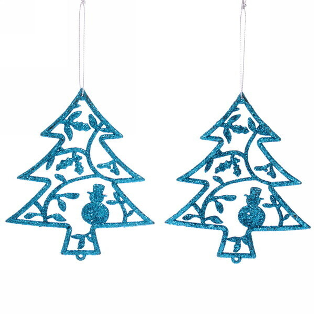 Подвески в блестках «Елочки новогодние» 12 см (набор 2шт), голубой