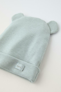 ZARA ШАПКА ИЗ ТРИКОТАЖА В РУБЧИК С УШКАМИ, ВЫЦВЕТШИЙ СИНИЙ