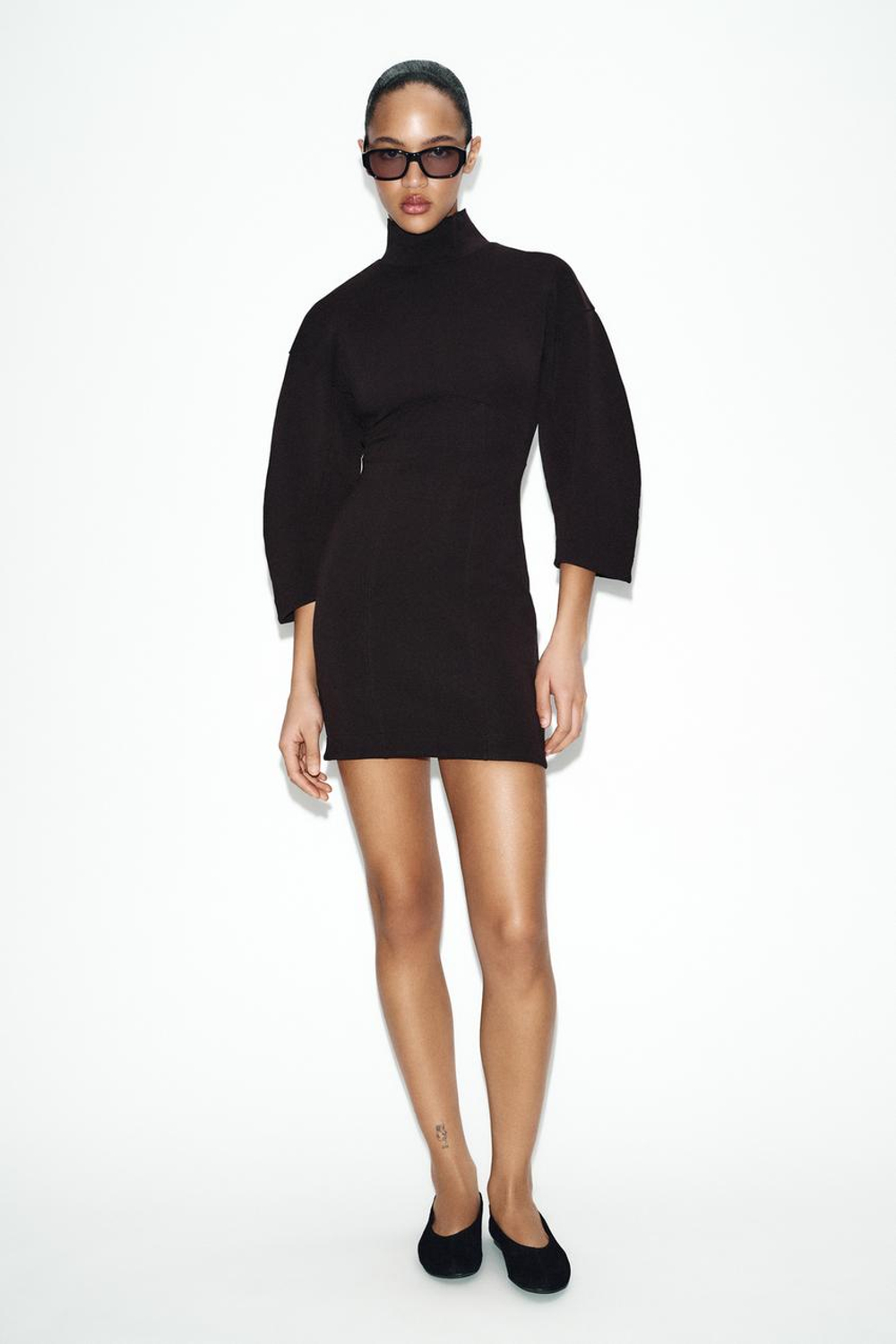 ZARA КОРОТКОЕ ПЛАТЬЕ ИЗ ИНТЕРЛОКА, ШОКОЛАДНЫЙ