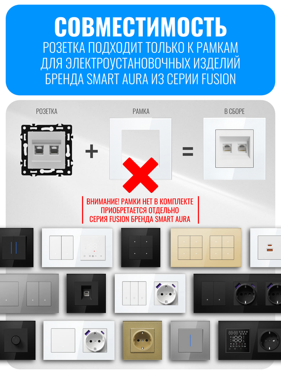Розетка двойная интернет RJ45 Smart Aura серия Fusion без рамки