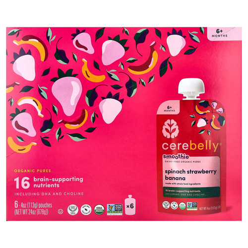 Cerebelly, смузи, органическое пюре без молочных продуктов, для детей от 6 месяцев, шпинат, клубника и банан, 6 паучей по 113 г (4 унции)