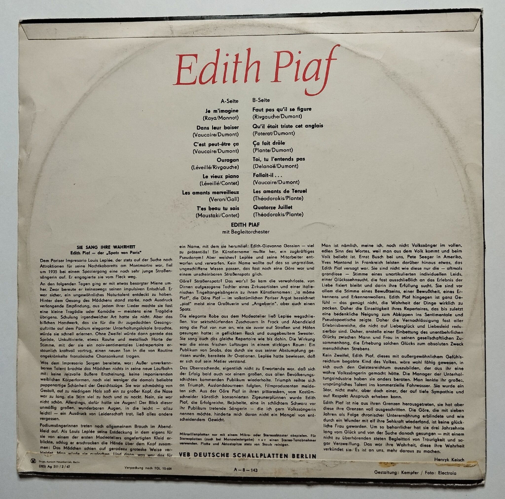 Винтажная виниловая пластинка LP Edith Piaf Эдит Пиаф (ГДР 1967)