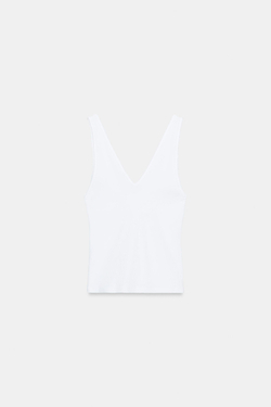 ZARA ТОП В РУБЧИК С V-ОБРАЗНЫМ ВЫРЕЗОМ, БЕЛЫЙ