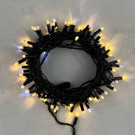 Светодиодная гирлянда с колпачком 100 теплых белых LED ламп 10 м., мерцание, 24В., черный провод ПВХ, IP65, LTC (PST100BLWCAP-11-1WW)