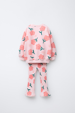 ZARA КОМПЛЕКТ ИЗ ТОЛСТОВКИ И ЛЕГГИНСОВ КЛЕШ В РУБЧИК С ПРИНТОМ, РОЗОВЫЙ/БЕЛЫЙ