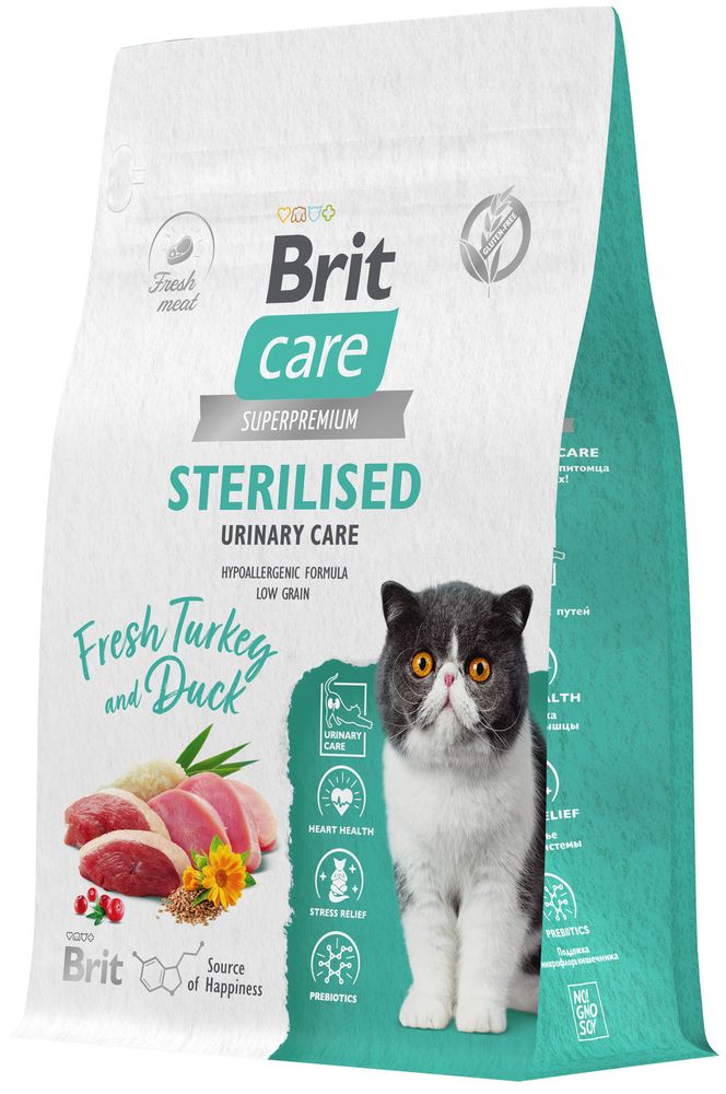 Brit Care 400гр Superpremium Sterilised Urinary Care Turkey &amp; Duck Корм для стерилизованных кошек низкозерновой, профилактика МКБ, c индейкой и уткой