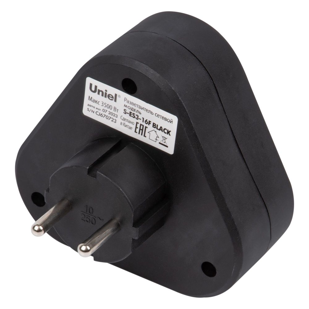 S-ES3-16F BLACK Разветвитель сетевой. б-з. 3 гнезда. 16А. 3500Вт. Черный. ТМ Uniel