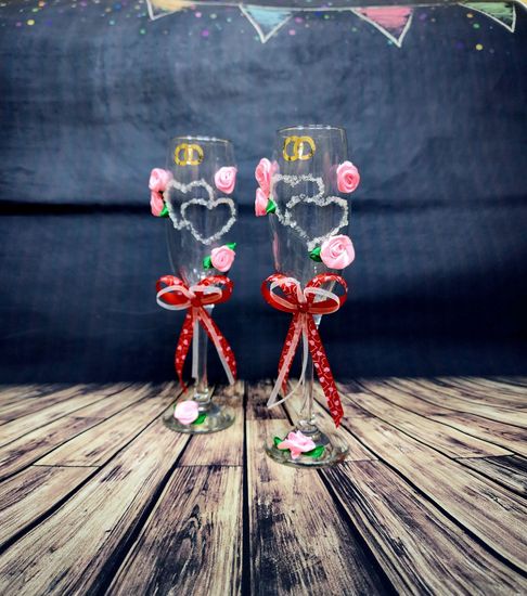 Свадебные бокалы , золото с розовым, Совет да любовь, матовые