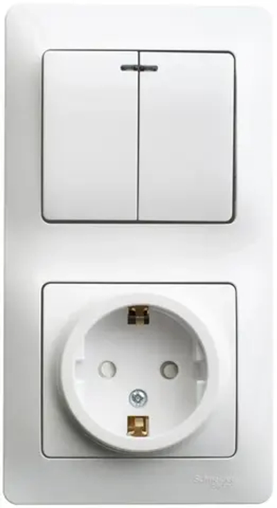 GLOSSA БЛОК: РОЗЕТКА с заземлением со шторками + 2-клавишный ВЫКЛЮЧАТЕЛЬ с подсветкой, БЕЛЫЙ