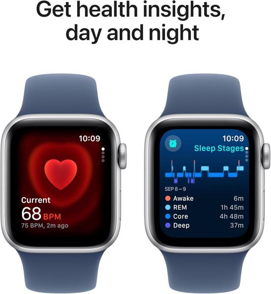 Умные часы Apple Watch SE 2024 40 мм из алюминия серебристого цвета, спортивный ремешок цвета «синий деним» (M/L)