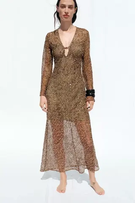 ZARA ПЛАТЬЕ МИДИ С ПАЙЕТКАМИ, КОРИЧНЕВЫЙ