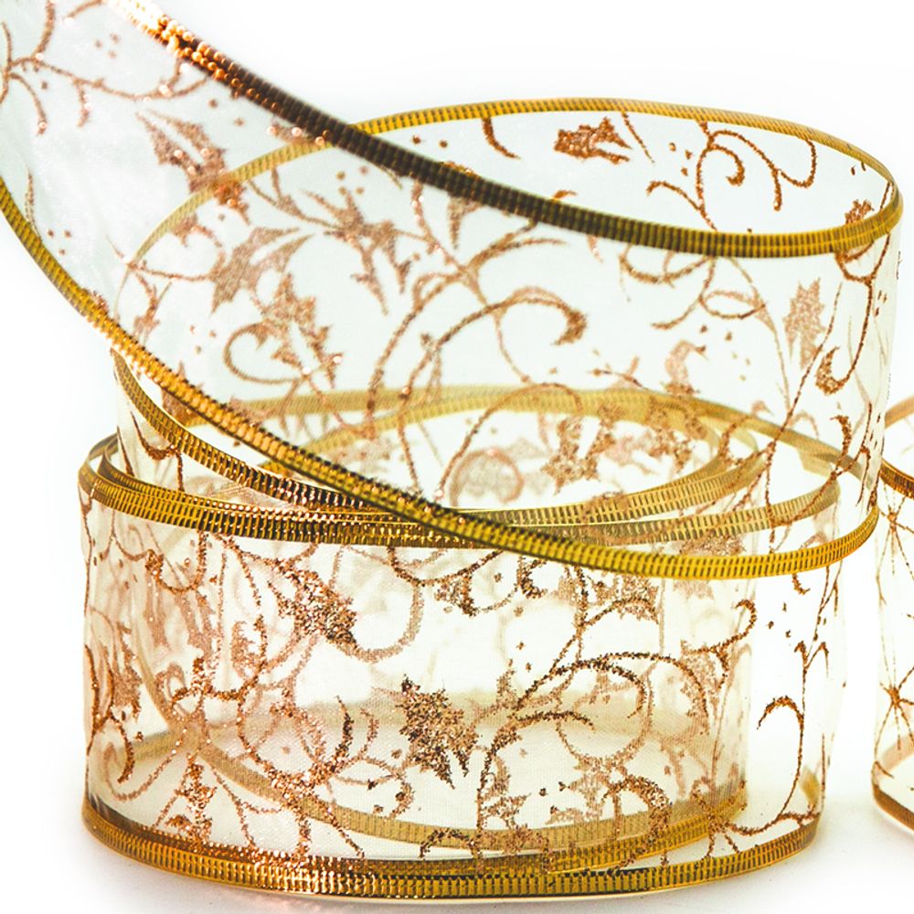 Лента декоративная (6 см*2,74 м) Ассорти дизайнов, Органза, Золото, 1 шт.