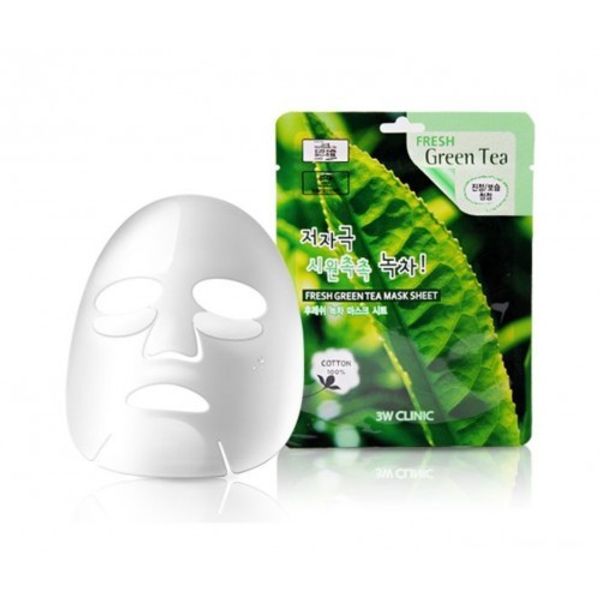 3W Clinic Fresh Green Tea Mask Sheet Тканевая маска для лица с экстрактом зелёного чая Успокаивающая, антиоксидантная   23 мл