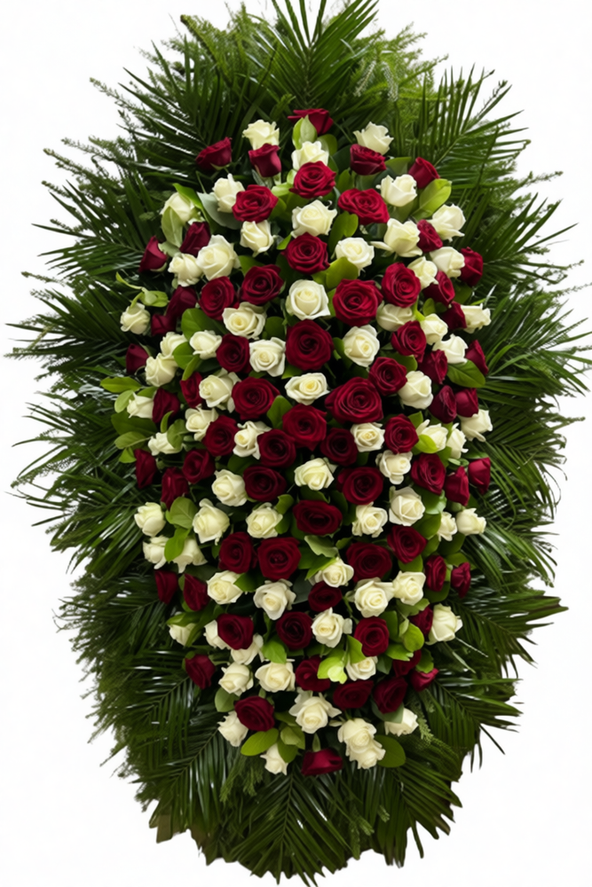 Траурный венок из живых бордовых и белых роз с пальмовыми листьями и натуральной хвоей, размер 150 см Траурный венок из живых бордовых и белых роз с пальмовыми листьями и натуральной хвоей, размер 150 см