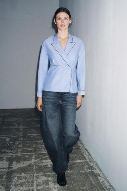 ZARA РУБАШКА С ЗАПАХОМ И КОНТРАСТНОЙ ОТДЕЛКОЙ — ZW COLLECTION, СИНИЙ