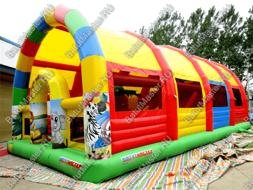 Надувной батут "Страна Сафария" с крышей и высокими горками 13*7*6 м