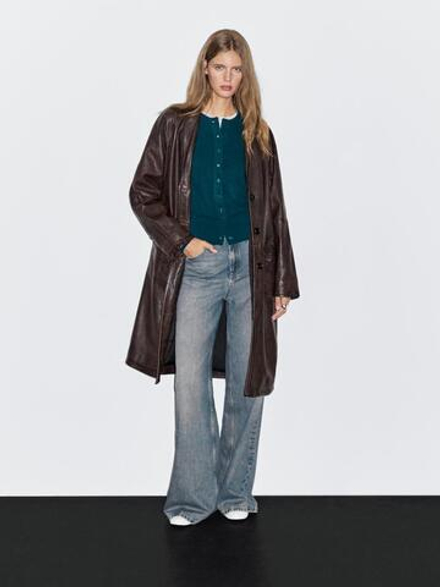 Massimo Dutti Длинное пальто из кожи наппа, коричневый