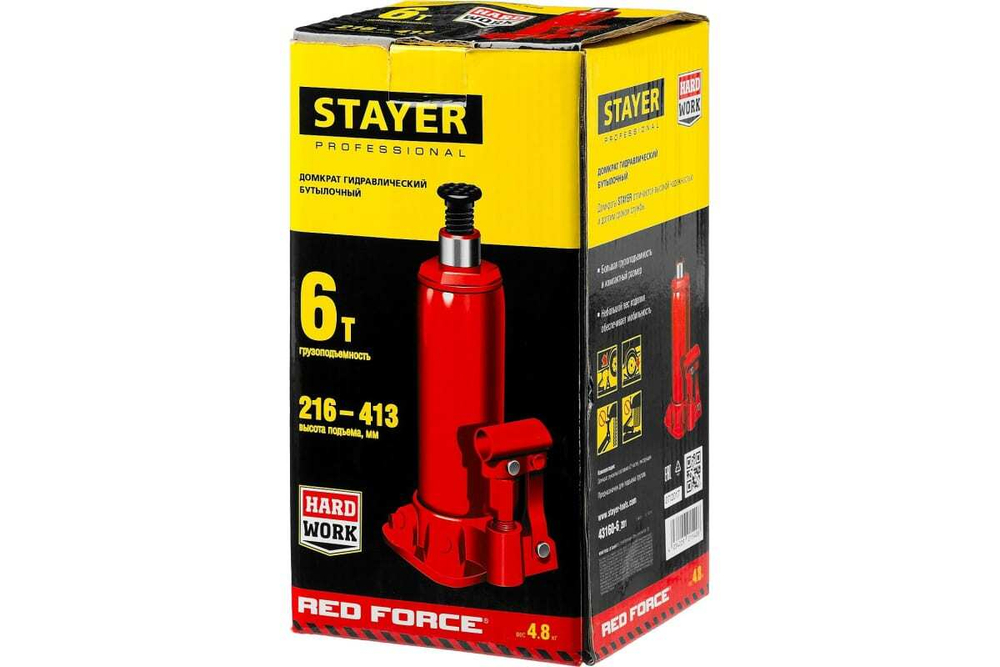 Гидравлический бутылочный домкрат STAYER RED FORCE, 6т, 216-413 мм, 43160-6 43160-6_z01