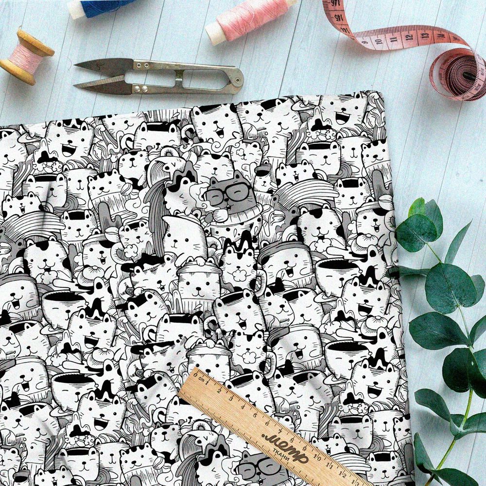 Ткань бифлекс чёрно-белые котики в виде посуды