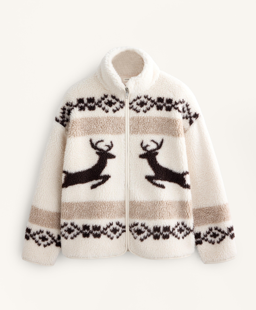 Oysho Куртка из искусственной овчины с оленями и высоким воротником, экрю