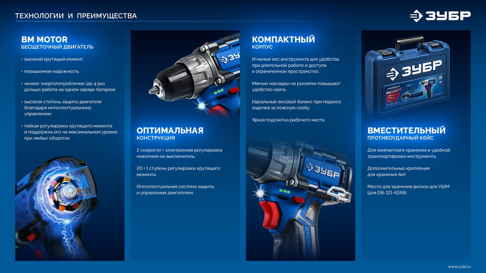 ЗУБР КОМПАКТ #2, 12 В, 45 Н·м, 1 АКБ тип Т7 (2 А·ч), дрель-шуруповерт, BRUSHLESS, кейс, Профессионал (DB-121-21)