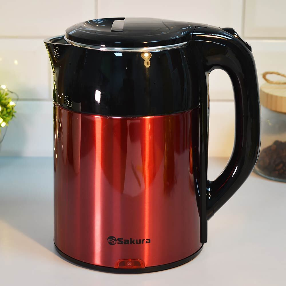 Чайник электрический 1,8л Sakura SA-2168MBR, дисковый, черный/красный металлик