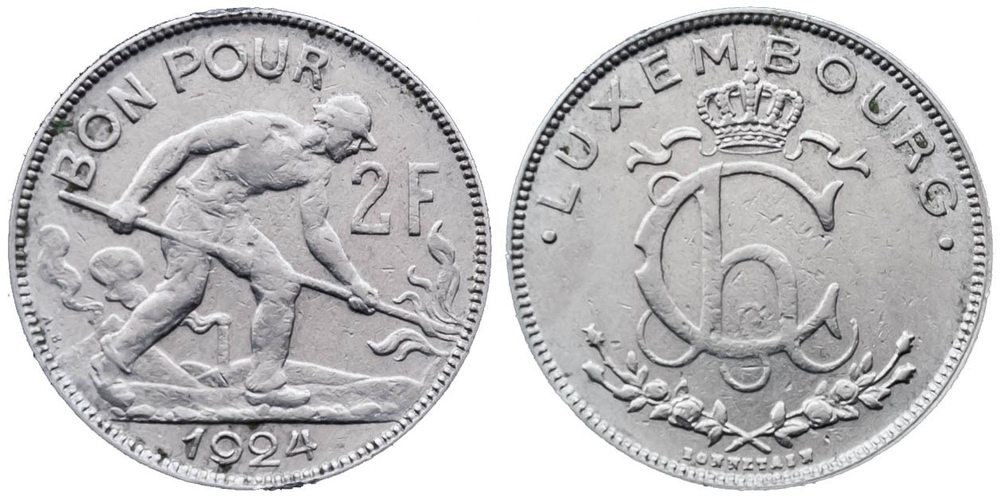 Люксембург 2 франка, 1924 Сталивар XF