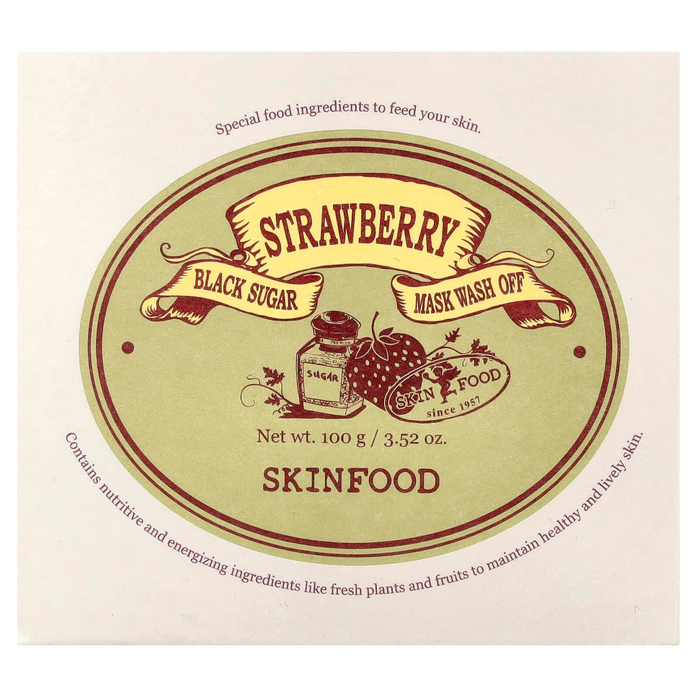 SKINFOOD, смываемая маска для лица с черным сахаром, с клубникой, 100 г (3,52 унции)