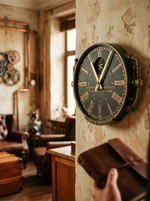 Настенные часы Oriental Express WOODandROOT в интерьерной сцене, винтажный характер и спокойный свет