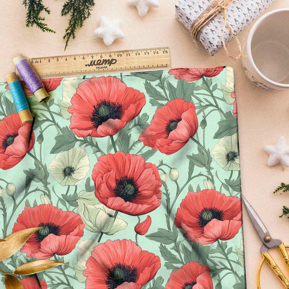 Ткань премиум шифон крупные маки с белыми цветами