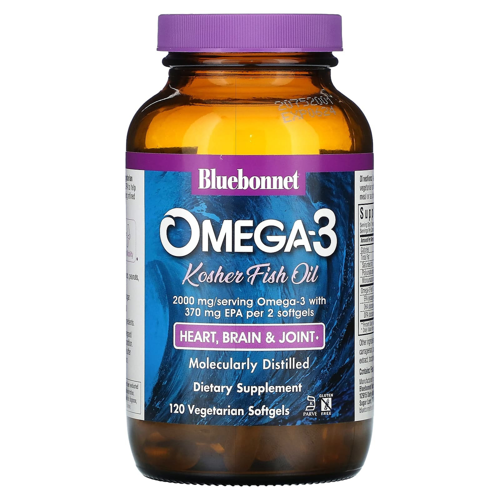 Bluebonnet Nutrition, кошерный рыбий жир с омега-3, 120 вегетарианских капсул (1000 мг на капсулу)