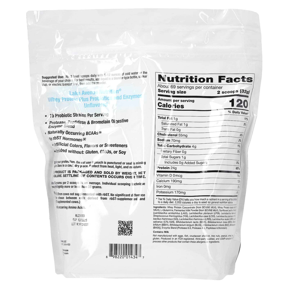 Lake Avenue Nutrition, сывороточный протеин с пробиотиками, без вкусовых добавок, 2,27 кг (5 фунтов)
